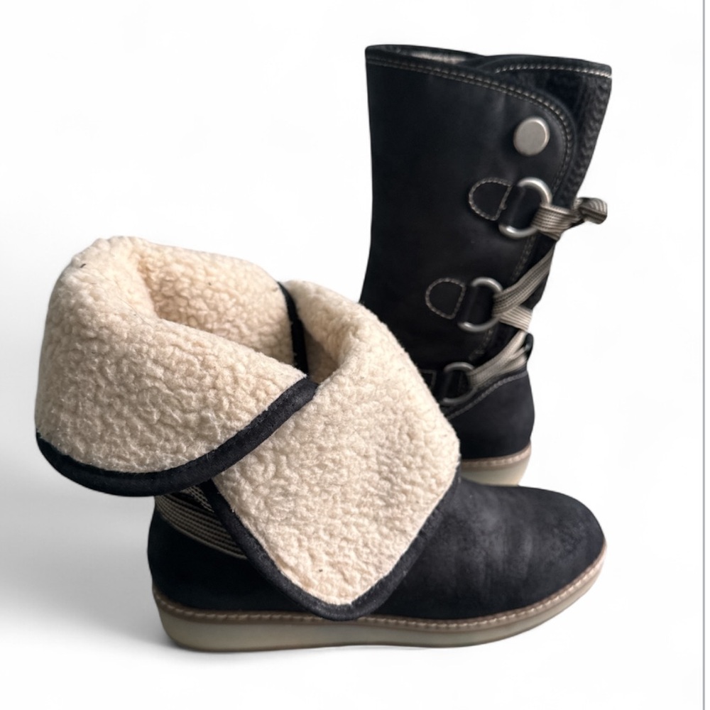 White Mountain Black Faux Suede Sherpa Lined Mid Calf Boots Toggle Lace Up 7